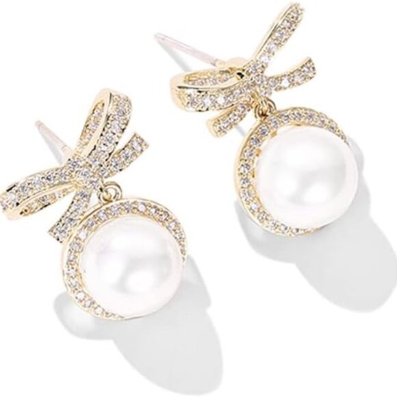 14k Gold Plated Stud Earrings for Women Pearl Bow Cubic Zirconia Fine Jewelry - Picture 4 of 6